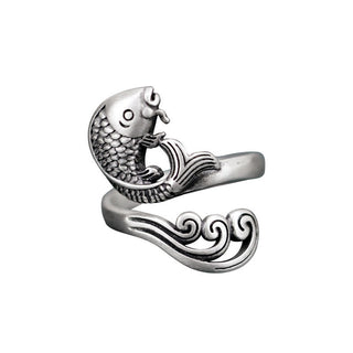 Buddha Gift 925 Sterling Silver Koi Fish Water Ripple Luck Wealth Ring