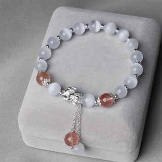 Buddha Gift Natural Cat's Eye Moonstone Strawberry Quartz PiXiu Support Bracelet