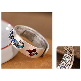 Buddha Gift 999 Sterling Silver Peacock Auspicious Clouds Engraved Lotus Flower Fortune Ring