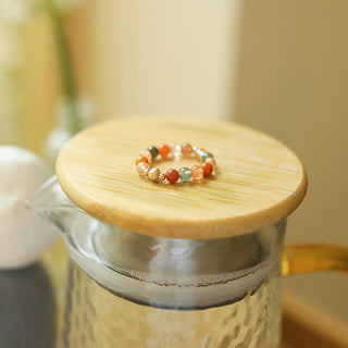 Buddha Gift 14k Gold Plated Copper Fu Lu Shou Crystal Peach Moonstone Happiness Wealth Ring