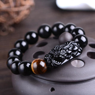 Buddha Gift Natural Black Obsidian PiXiu Tiger's Eye Strength Bracelet
