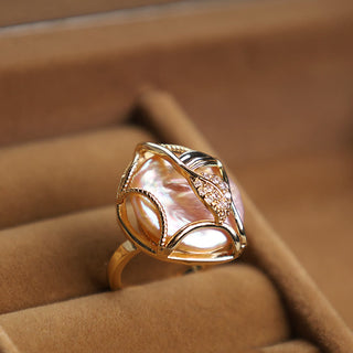Buddha Gift Pearl Copper Plated Gold Flower Happiness Wealth Ring