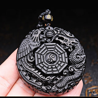 Buddha Gift Bagua Dragon Phoenix Obsidian Fulfilment Pendant Necklace