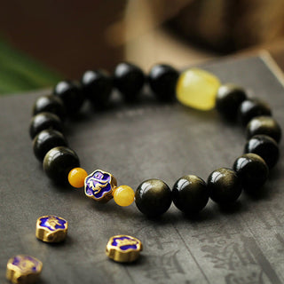 Buddha Gift 925 Sterling Silver Chinese Zodiac Natal Buddha Natural Gold Sheen Obsidian Amber Wealth Protection Bracelet