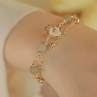 Buddha Gift 14K Gold Plated Jade Butterfly Tridacna Stone Flower Double Layer Luck Bracelet