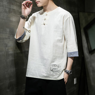 Buddha Gift Frog-Button Dragon Embroidery Chinese Tang Suit Three Quarter Sleeve Shirt Cotton Linen Men Clothing