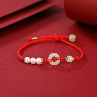 Buddha Gift 925 Sterling Silver Plated Gold Hetian Jade Peace Buckle Pearl Luck Bracelet
