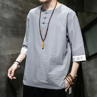 Buddha Gift Frog-Button Dragon Embroidery Chinese Tang Suit Three Quarter Sleeve Shirt Cotton Linen Men Clothing