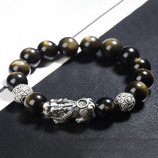 Buddha Gift 925 Sterling Silver Natural Gold Sheen Obsidian PiXiu Wealth Protection Bracelet