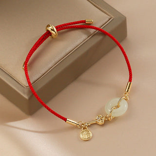 Buddha Gift 18K Gold Plated Hetian Jade Peace Buckle Fu Character Luck Red Rope Bracelet