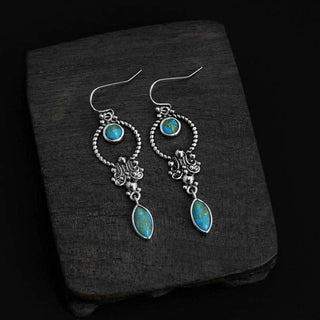 Buddha Gift 925 Sterling Silver Vintage Turquoise Waterdrop Pattern Balance Drop Dangle Earrings