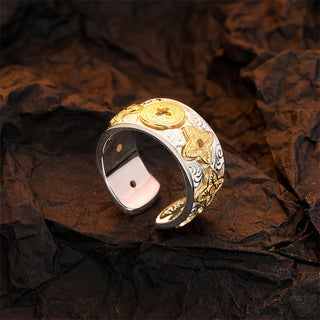 Buddha Gift 925 Sterling Silver Vintage Tang Dynasty Flower Design Luck Ring