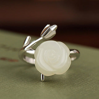 Buddha Gift 925 Sterling Silver Plated Gold Rose Flower Hetian White Jade Happiness Ring