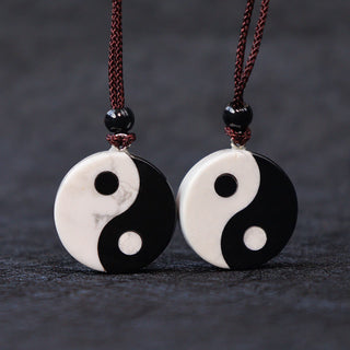 Buddha Gift Natural Black Obsidian White Turquoise Yin Yang Fulfilment Strength Necklace Pendant