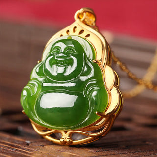 Buddha Gift 925 Sterling Silver Natural Hetian Cyan Jade Laughing Buddha 18K Gold Healing Necklace Chain Pendant