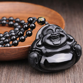Buddha Gift Laughing Buddha Black Obsidian Transformation Pendant Necklace
