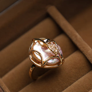 Buddha Gift Pearl Copper Plated Gold Flower Happiness Wealth Ring