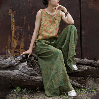 Buddha Gift Green Yellow Ramie Linen Flexible Waistband Wide Leg Pants With Pockets