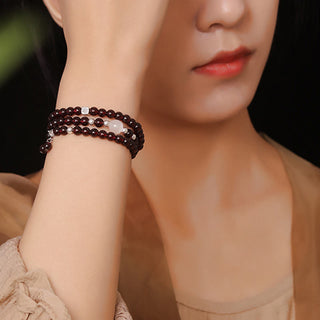 Buddha Gift 925 Sterling Silver Natural Garnet Cat Eye Protection Triple Wrap Bracelet