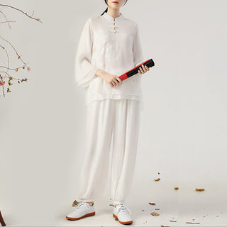 Buddha Gift 2Pcs Long Sleeve Frog-Button Meditation Prayer Zen Practice Tai Chi Uniform Clothing Women's Set