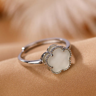 Buddha Gift 925 Sterling Silver Plated Gold Natural Hetian Jade Flower Luck Necklace Pendant Ring Set