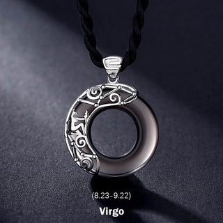 Buddha Gift 12 Constellations of the Zodiac Ice Obsidian Blessing Round Pendant Necklace
