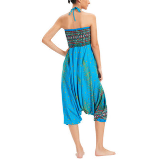 Buddha Gift Two Style Wear Peacock Feather Loose Smocked Harem Trousers Jumpsuit High Waist Pants