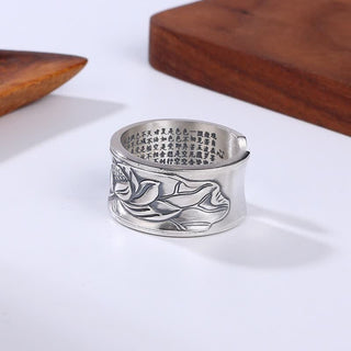 Buddha Gift 999 Sterling Silver Lotus Flower Heart Sutra Protection Ring
