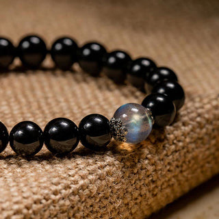 Buddha Gift Chinese Zodiac Natal Buddha 925 Sterling Silver Black Obsidian Moonstone Strength Bracelet