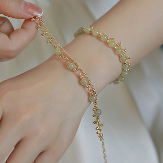 Buddha Gift 14K Gold Plated 2 Layers Hetian Jade Bead Luck Prosperity Bracelet