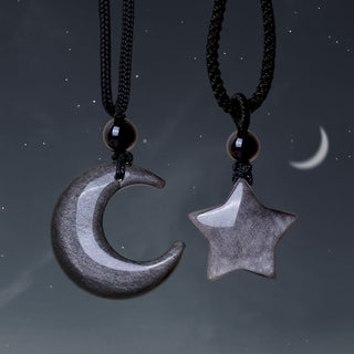 Buddha Gift Natural Silver Sheen Obsidian Star Crescent Moon Protection Necklace Pendant