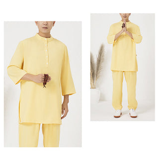 Buddha Gift 2Pcs Buttons Men's Three Quarter Sleeve Shirt Top Pants Meditation Zen Tai Chi Cotton Linen Clothing Set