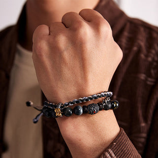 Buddha Gift 925 Sterling Silver Lava Rock Eagle's Eye Stone Lucky Beads Handmade Healing Bracelet