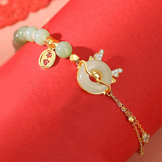 Buddha Gift 925 Sterling Silver Year of the Dragon Natural Red Agate Hetian Jade Peace Buckle Luck Success Bracelet (Extra 30% Off | USE CODE: FS30)