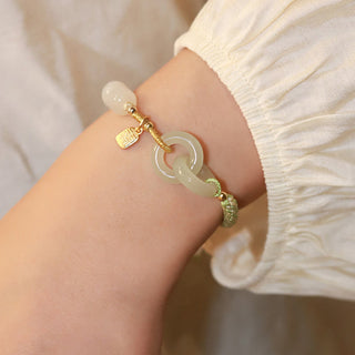 Buddha Gift Natural Hetian Jade Bead Double Peace Buckle Fu Character Abundance Braided Bracelet