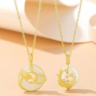 Buddha Gift 925 Sterling Silver Year of the Dragon Hetian Jade Golden Dragon Phoenix Peace Buckle Luck Necklace Pendant