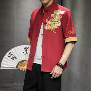 Buddha Gift Frog-Button Chinese Dragon Auspicious Cloud Embroidery Half Sleeve Shirt Cotton Linen Men Clothing