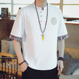 Buddha Gift Frog-Button Dragon Embroidery Chinese Tang Suit Short Sleeve Shirt Linen Men Clothing