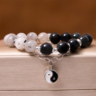Buddha Gift Silver Sheen Obsidian Crackle Clear Quartz Black Rutilated Quartz Yin Yang Lotus Protection Bracelet