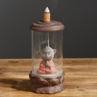 Buddha Gift Meditation Wukong Monkey King Purple Clay Windshield Lotus Backflow Smoke Fountain Incense Burner Decoration