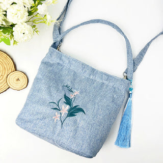 Buddha Gift Embroidery Wisteria Plum Lotus Cherry Blossom Cotton Linen Canvas Tote Crossbody Bag Shoulder Bag Handbag