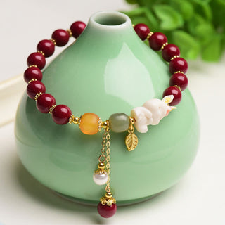 Buddha Gift Year of the Rabbit Cinnabar Hetian Jade Bunny Beaded Blessing Bracelet