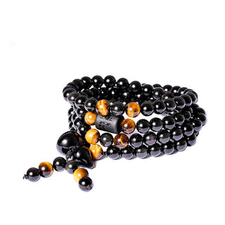 Buddha Gift Natural Black Obsidian Rainbow Obsidian Gourd Blessing Bracelet Mala