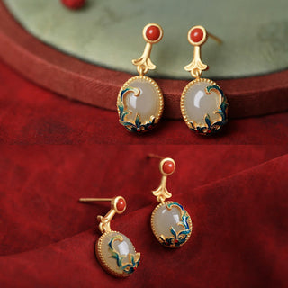 Buddha Gift Vintage Jade Red Agate Abundance Copper Drop Earrings
