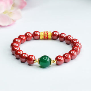 Buddha Gift Natural Cinnabar Green Agate Om Mani Padme Hum Pattern Blessing Bracelet
