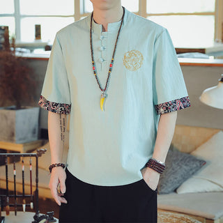 Buddha Gift Frog-Button Dragon Embroidery Chinese Tang Suit Short Sleeve Shirt Linen Men Clothing