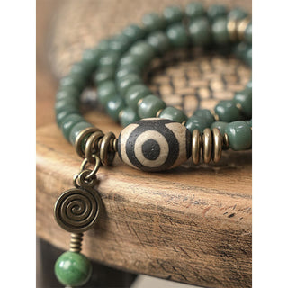 Buddha Gift Cyan Bodhi Seed Dzi Bead Wisdom Peace Triple Wrap Bracelet