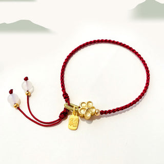 Buddha Gift Handmade Peach Blossom Rosette Bow Knot Fu Character Charm Luck Fortune Red Rope Bracelet