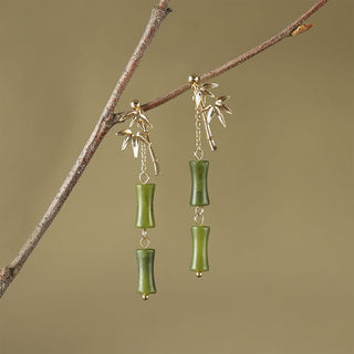 Buddha Gift 925 Sterling Silver Posts Copper Plated Gold Natural Peridot Bamboo Leaf Drop Earrings