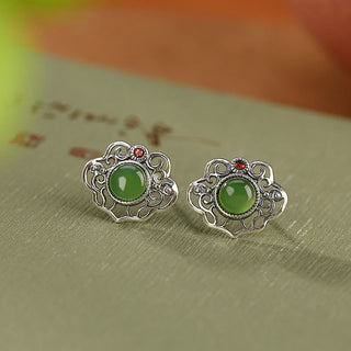Buddha Gift 925 Sterling Silver Natural Hetian Cyan Jade Hollow Design Luck Ring Earrings Set